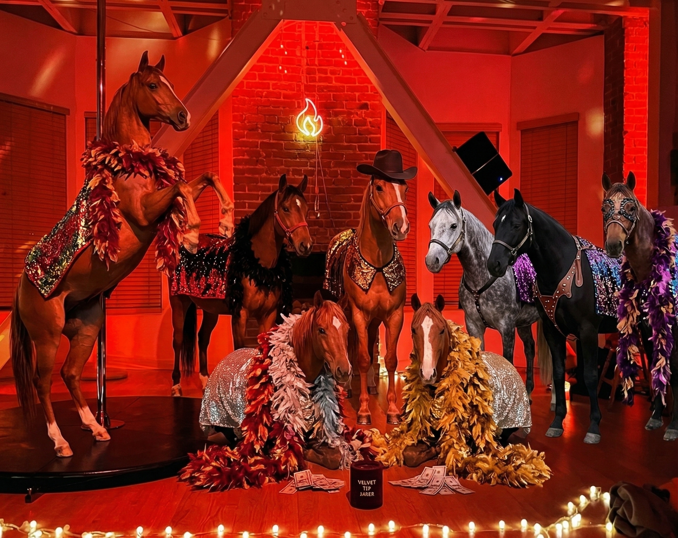 Horses wearing feather boas and sequined blankets under red lighting