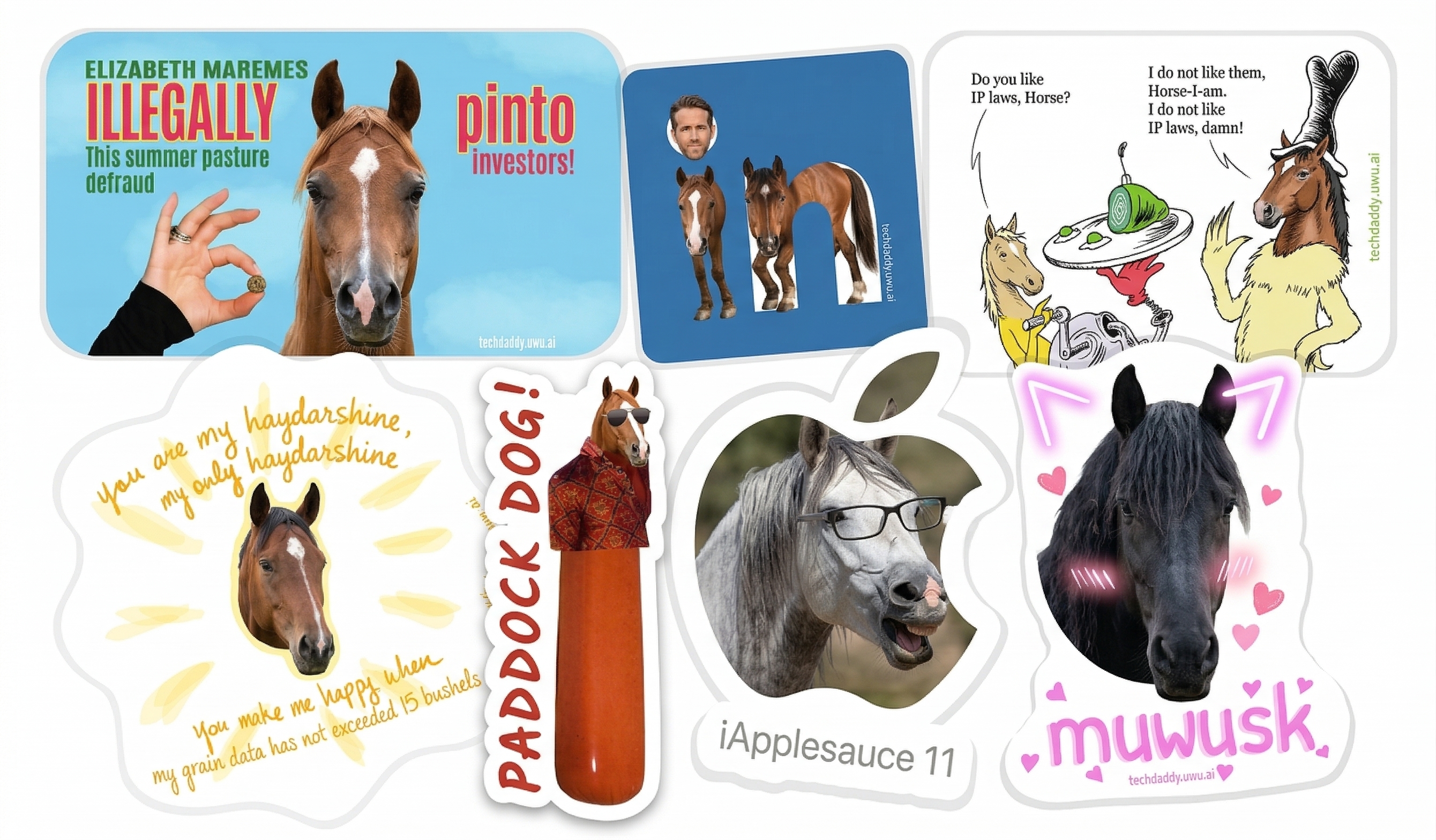 Collage of meme stickers of famous racehorses