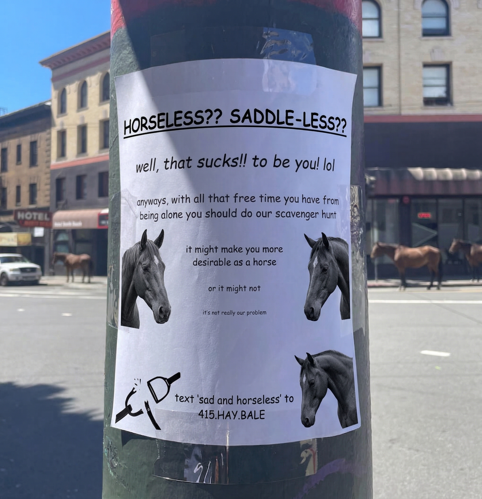 Street flyer: HORSELESS?? SADDLE-LESS??