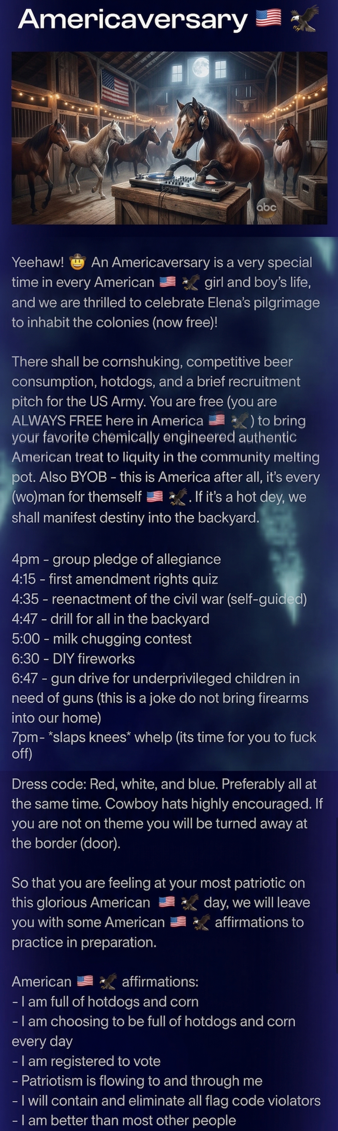 Horses having a moonlit barn dance with fairy lights