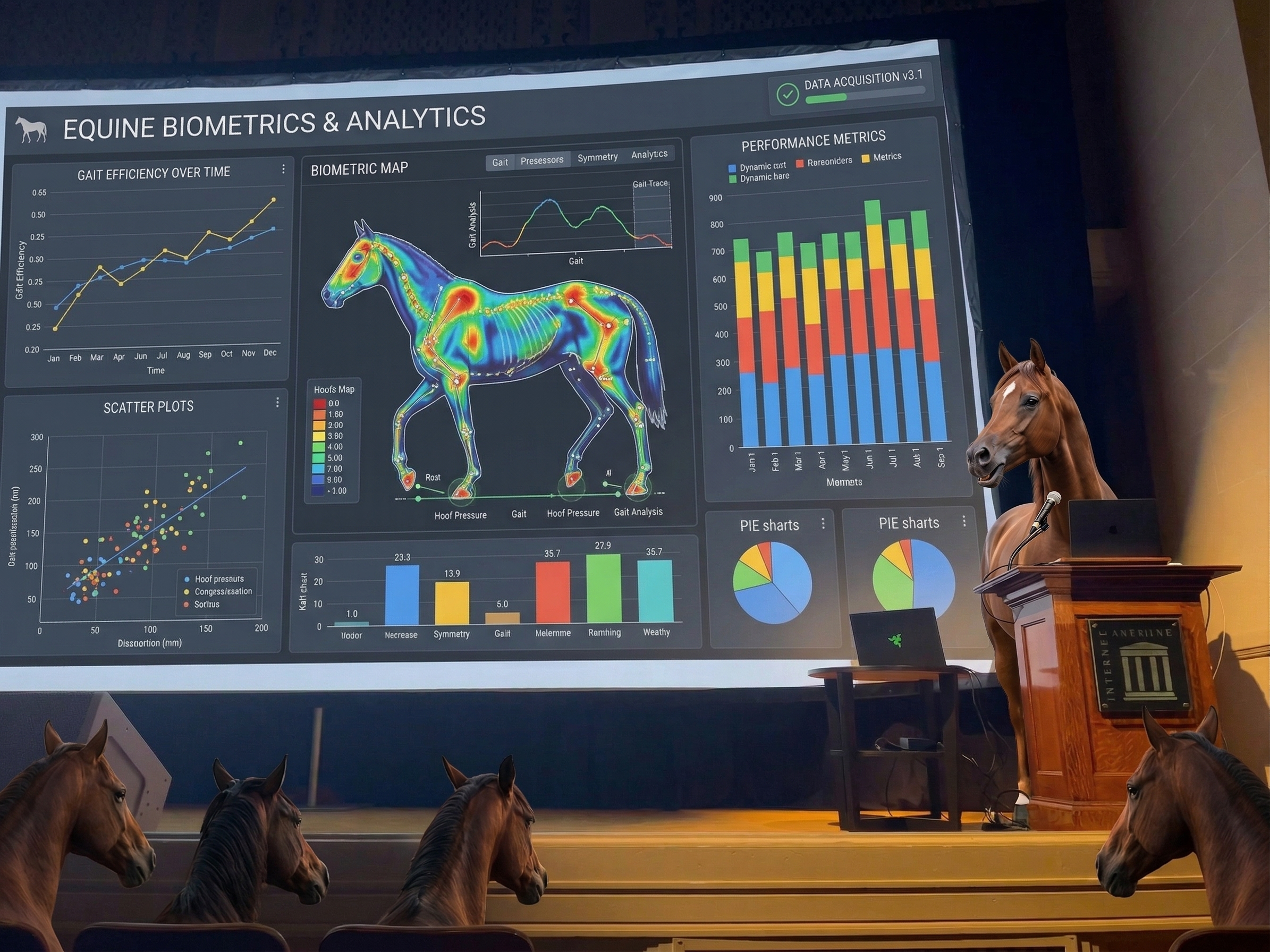 Horse presenting at a podium on stage