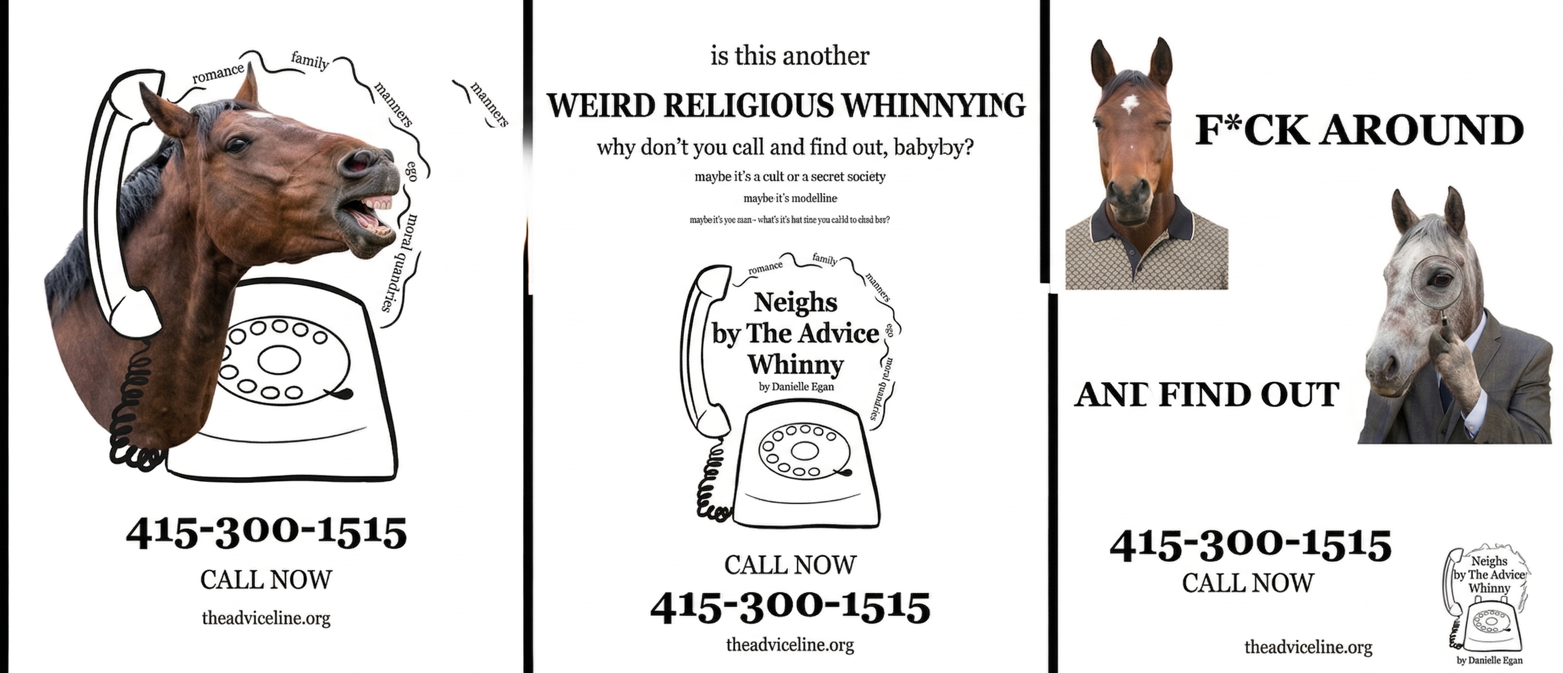 Three promotional posters for The Advice Whinny featuring horses with phones
